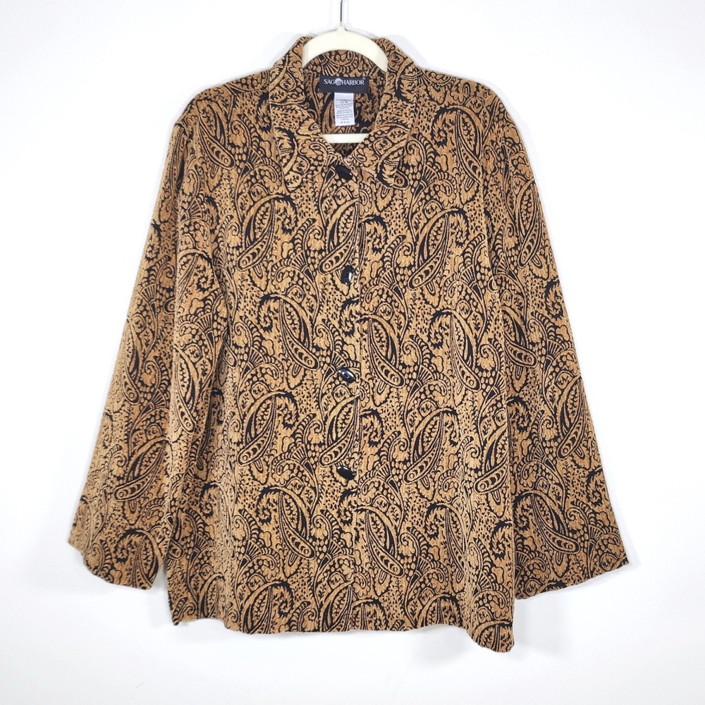 Vintage Sag Harbor Paisley Chenille Tapestry Jacket Blazer Tan Black 16 F23153